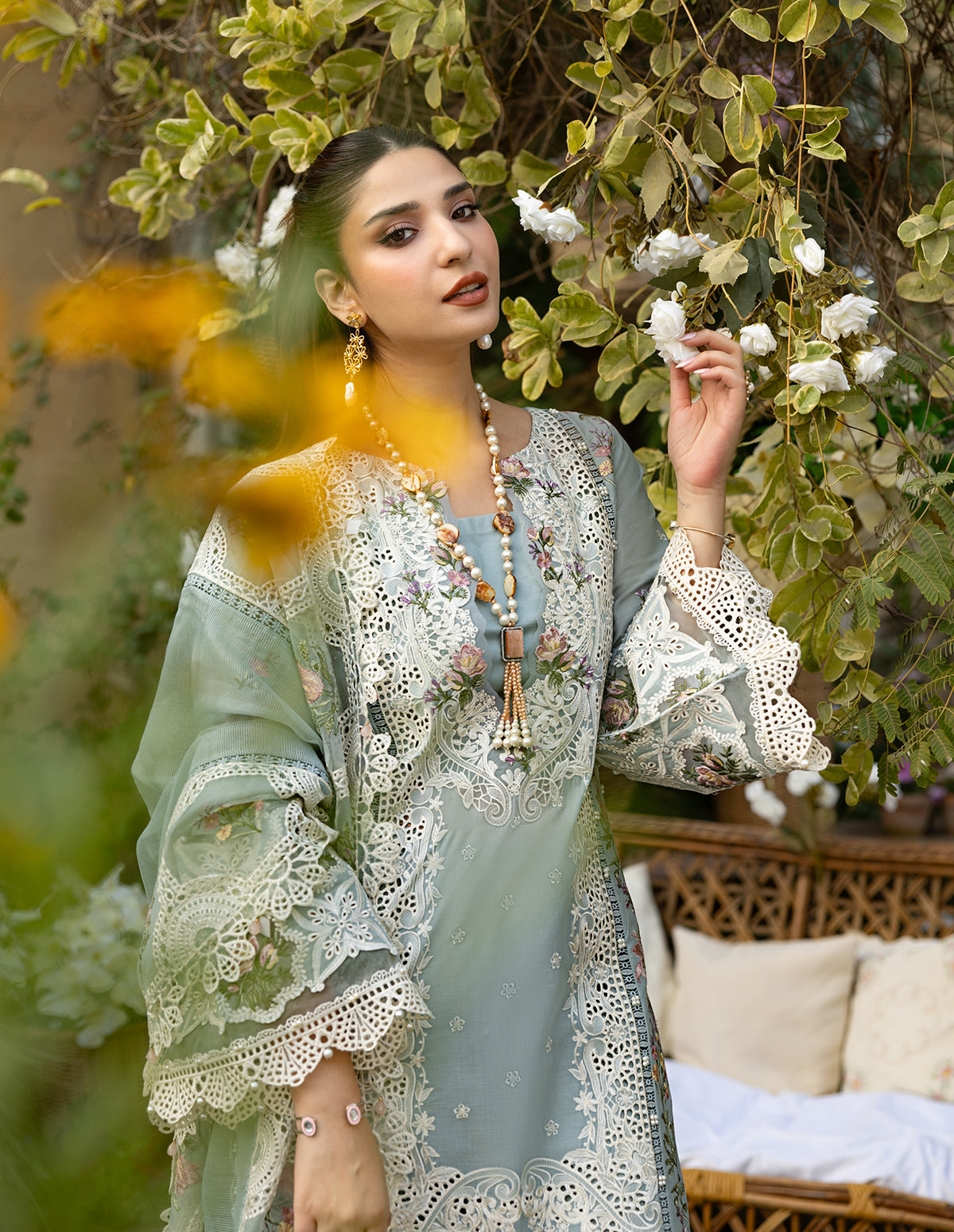3 Pcs Chickenkari & Applique Embroidered Suit with Khaddi Net Dupatta | Ready To Wear